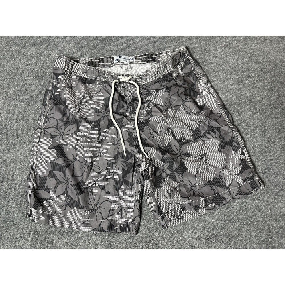 Trunks Surf & Swim Co. Swim Trunks Mens L Gray Floral Elastic Waist Mesh Lined